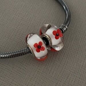 2 Rare Retired Pandora Wild Flower Tribute Murano Glass Charms
